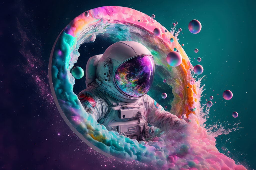Astronaut vo farebnej hmle — celý dizajn