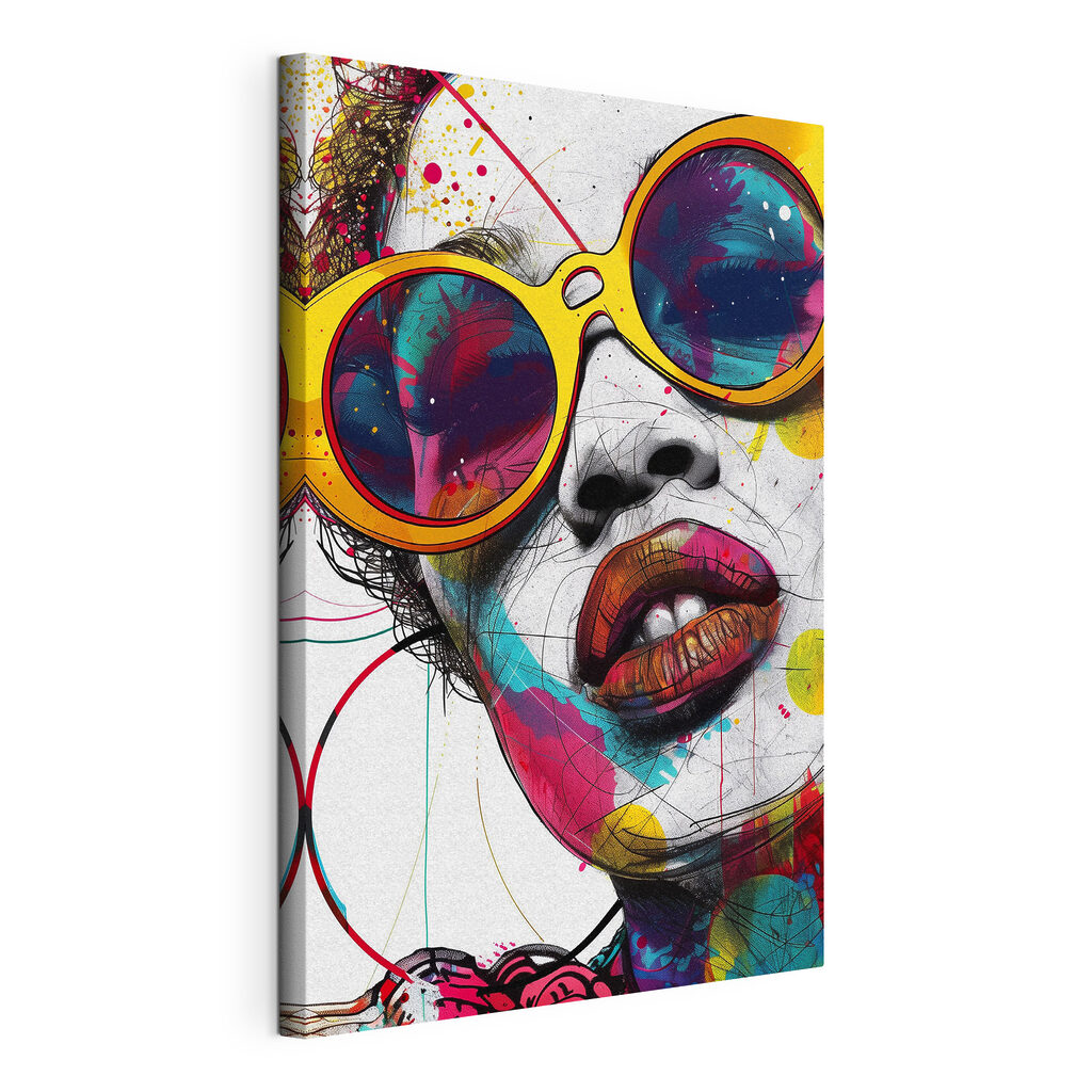 Pop-art portrét v okuliaroch: napnuté plátno a obtočený okraj