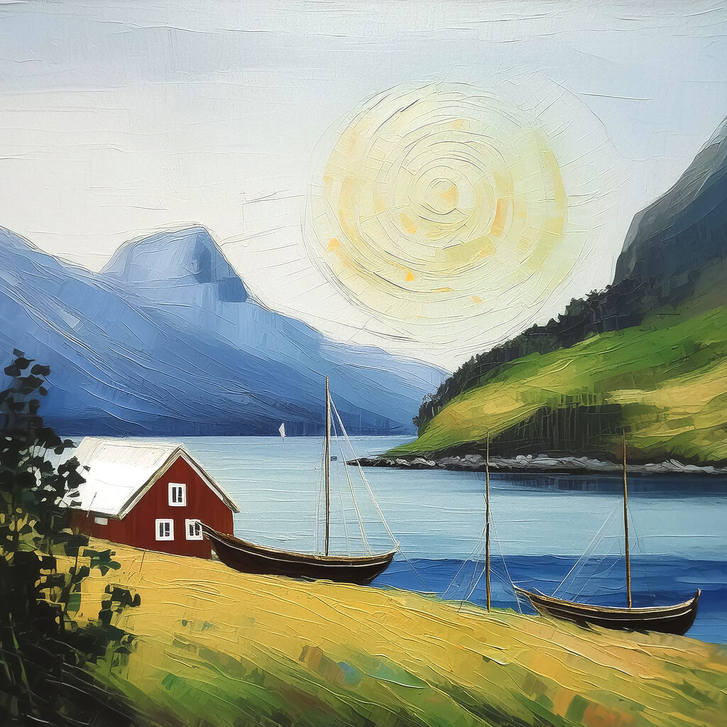 Červený domček pri fjorde — celý dizajn