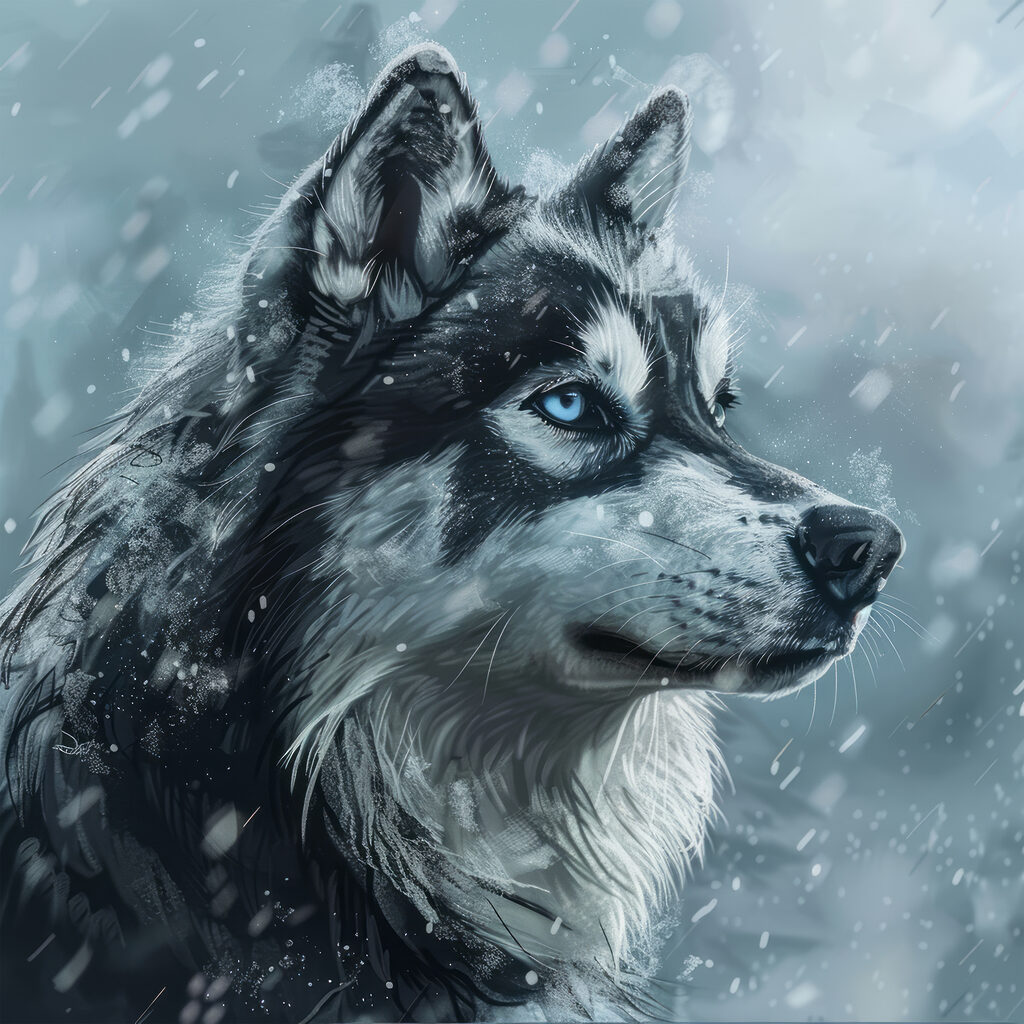 Husky v snehu — celý dizajn