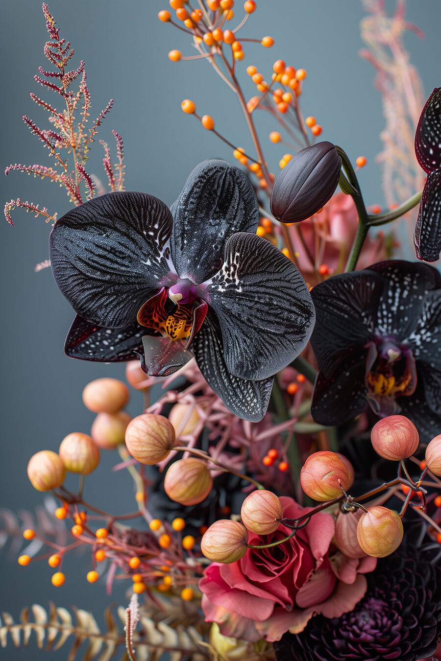 Čierna orchidea medzi bobuľami — celý dizajn