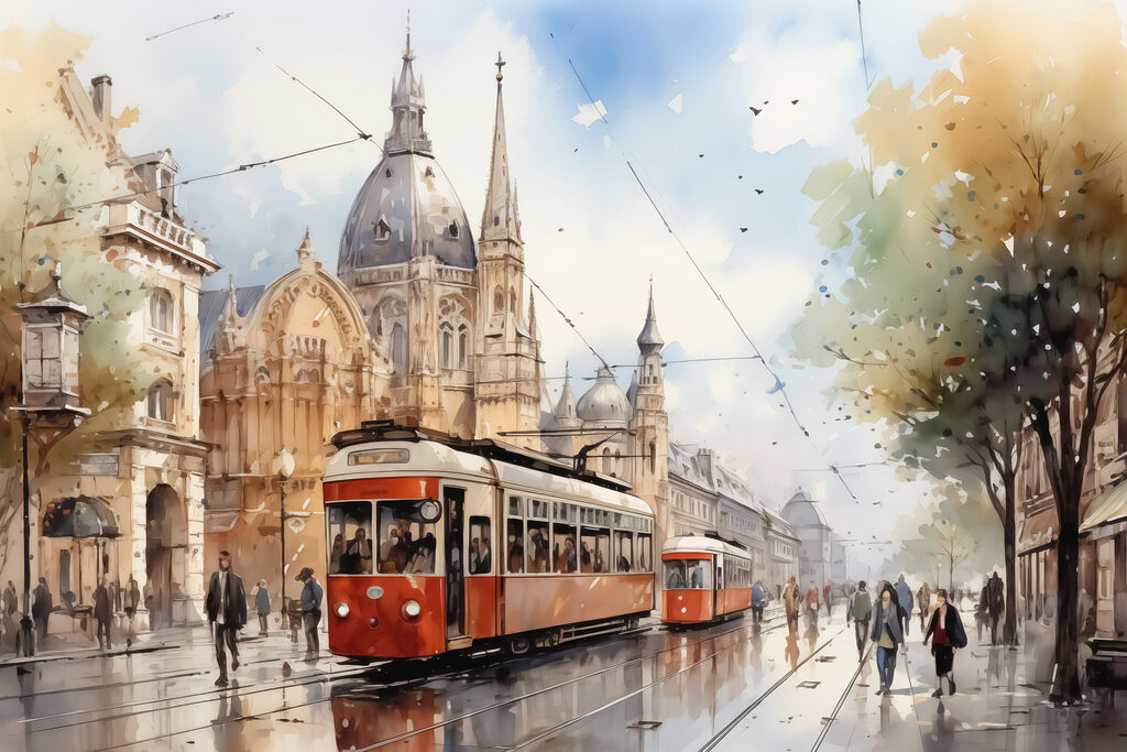 Červené električky v daždi — celý dizajn