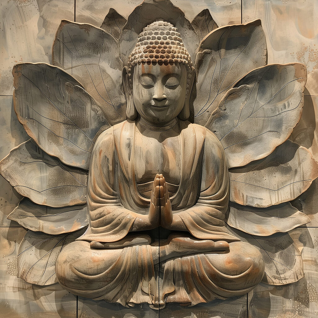 Budha pred lotosovými listami — celý dizajn