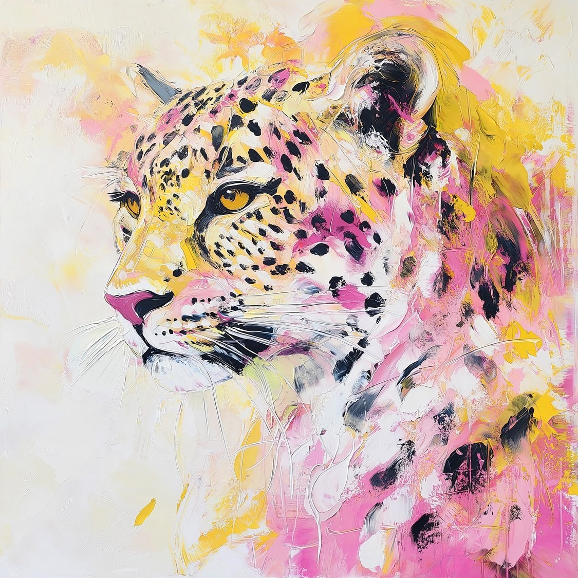 Leopard medzi akvarelovými škvrnami — celý dizajn