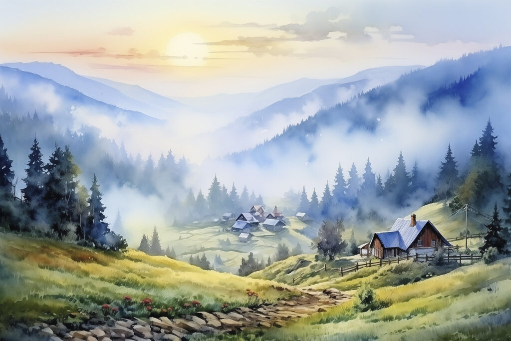 Horské chaty nad hmlou — celý dizajn