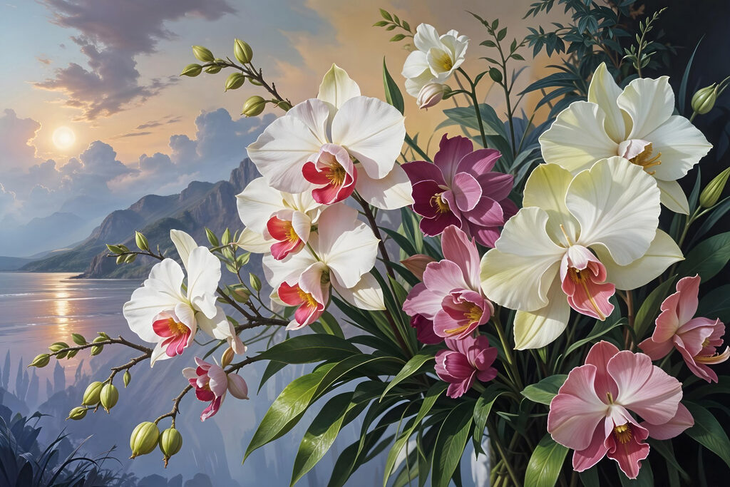 Orchidey pri večernom jazere — celý dizajn