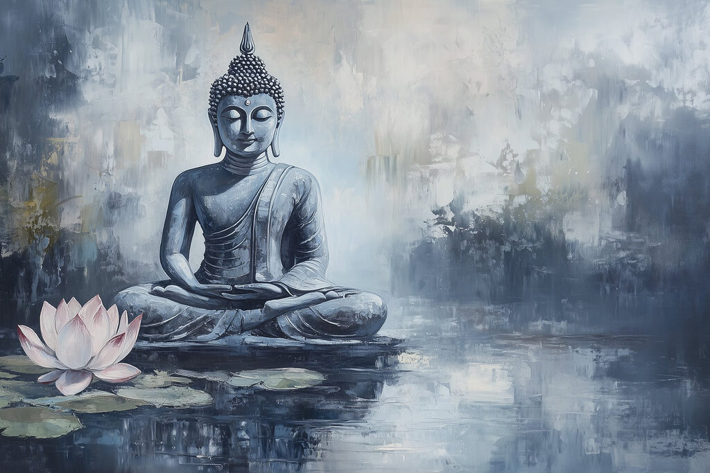 Budha v jazernej hmle — celý dizajn