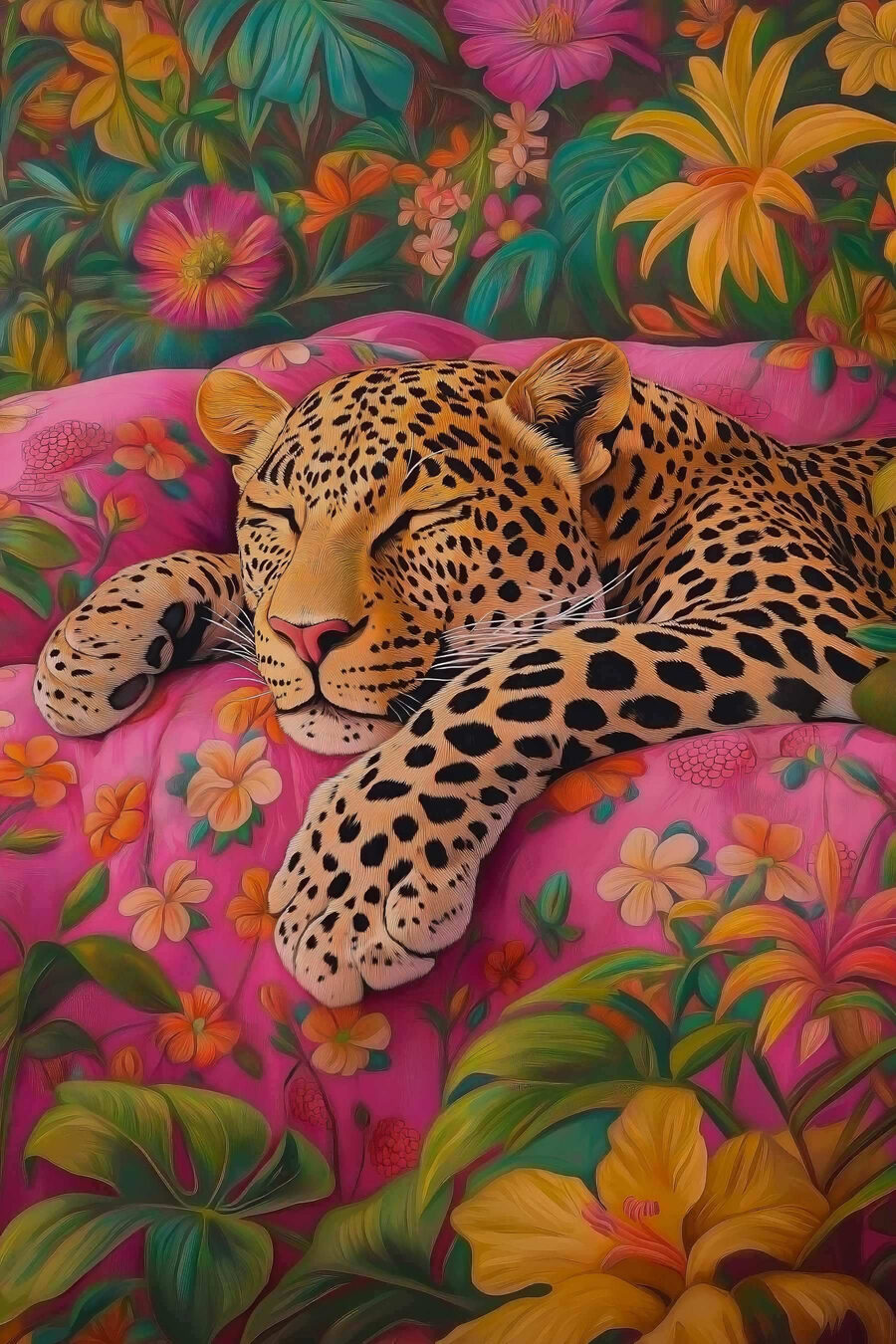Leopard medzi kvetmi — celý dizajn