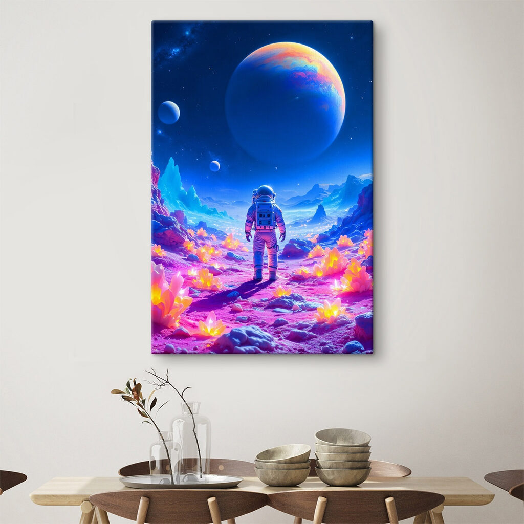 Astronaut v neónových horách v interiéri