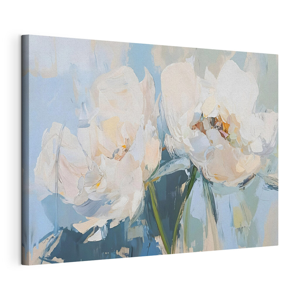 Biele tulipány na svetlomodrom — pohľad na tovar