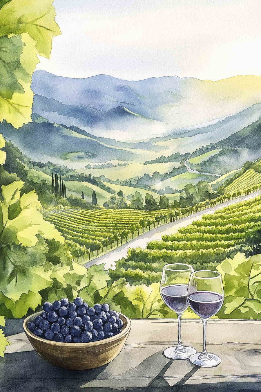 Víno nad zelenými viničmi — celý dizajn
