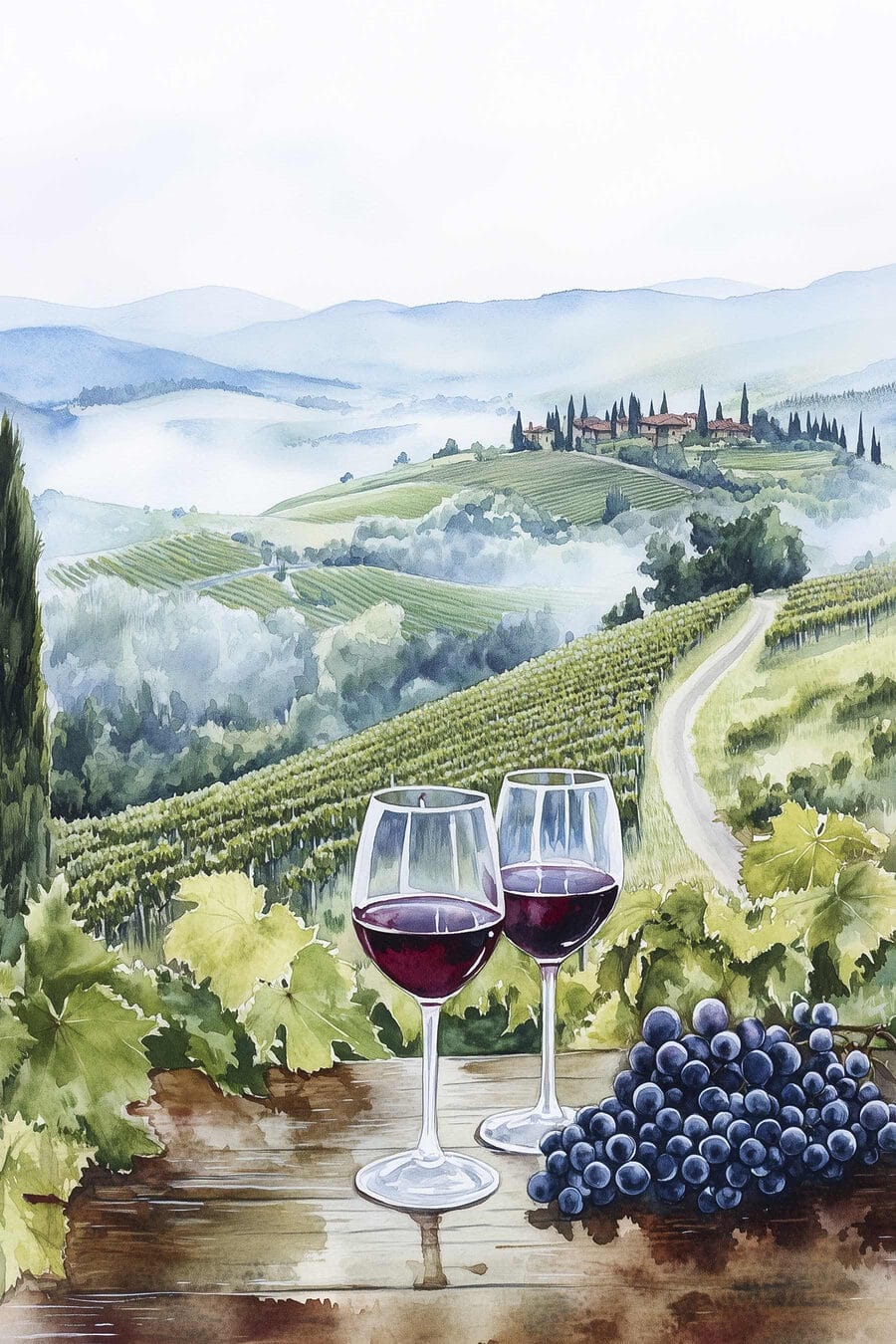 Dva poháre nad vinicami — celý dizajn