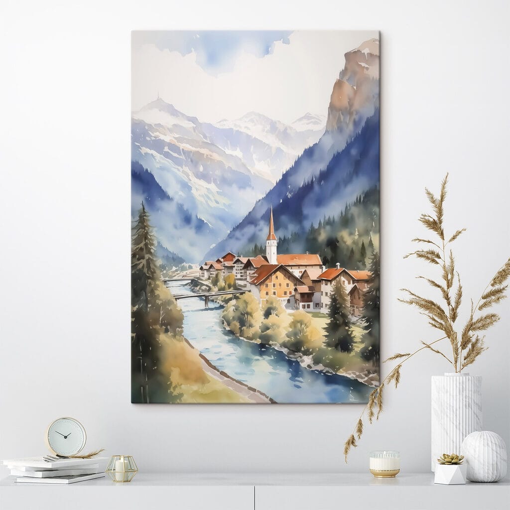 Alpská dedina pri rieke — interiér 1