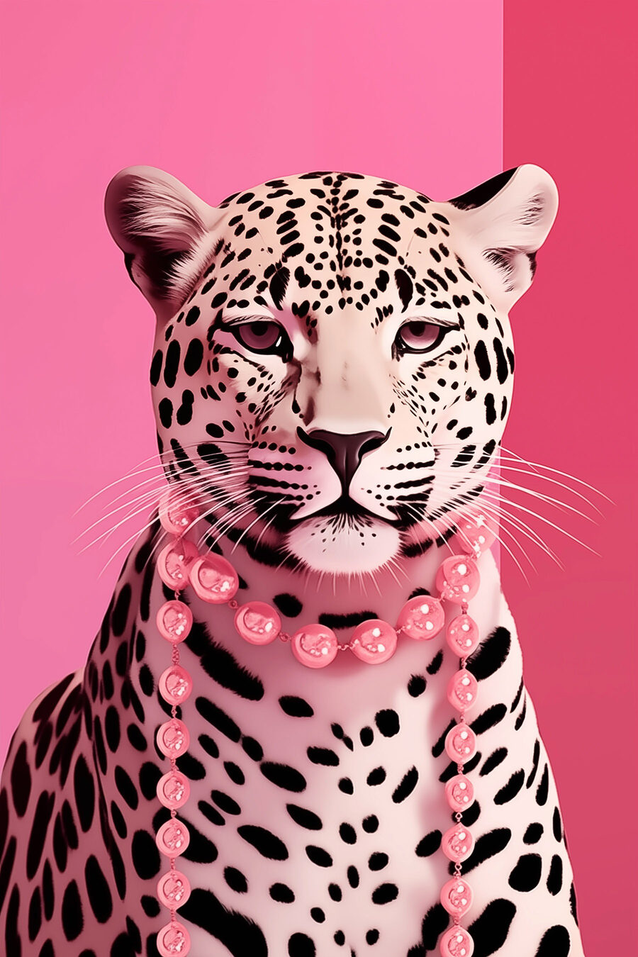 Leopard s ružovým náhrdelníkom — celý dizajn