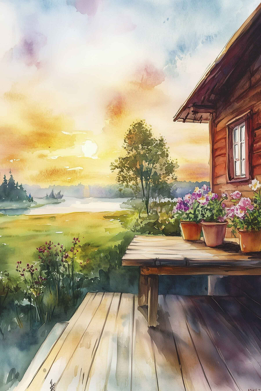 Drevená veranda pri západe — celý dizajn