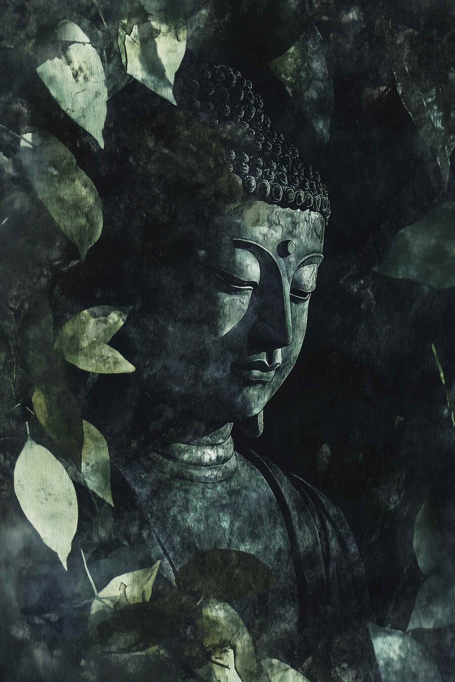 Budha v tieni listov — celý dizajn