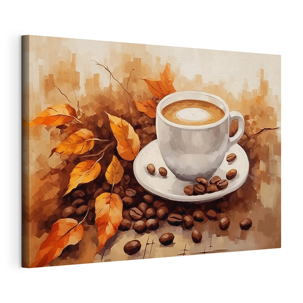 Káva medzi jesennými listami: napnuté plátno a obtočený okraj