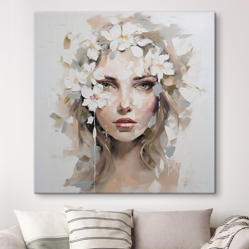 Žena pod bielym kvetom v interiéri