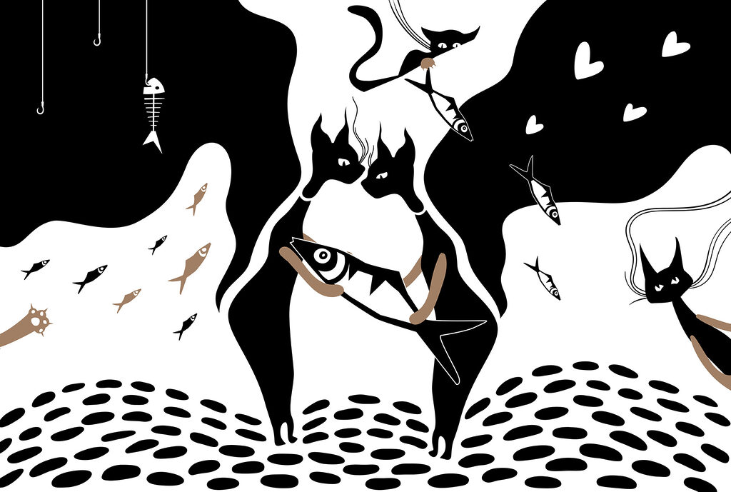 Čiernobiele mačky a ryby — celý dizajn