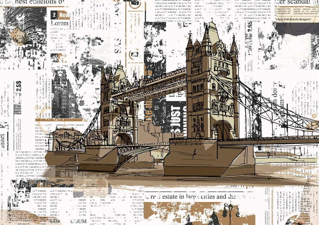 Tower Bridge v novinách — celý dizajn