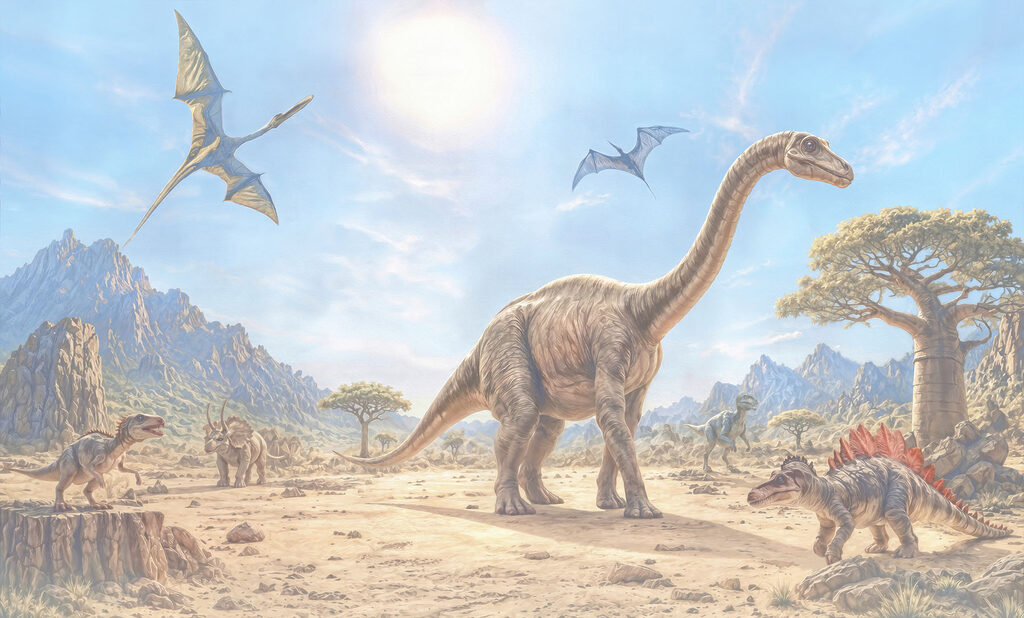 Dinosaury pri vodnej mláke — celý dizajn