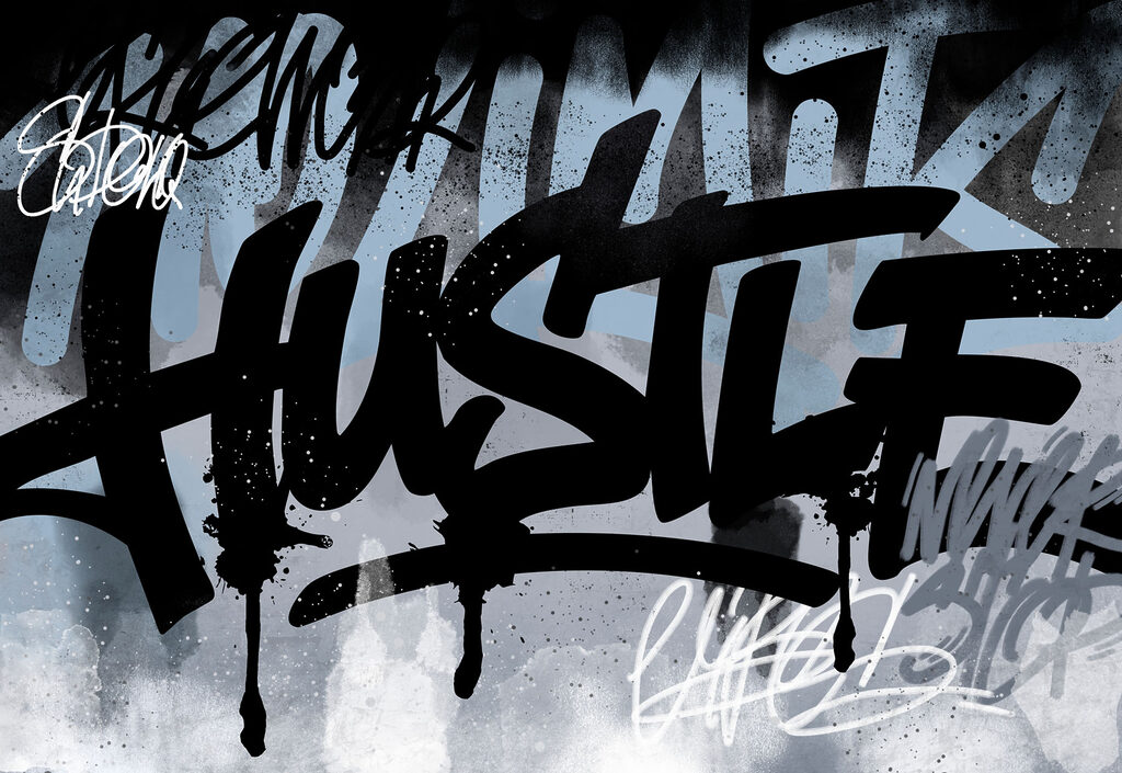 Graffiti písmená a nástreky — celý dizajn
