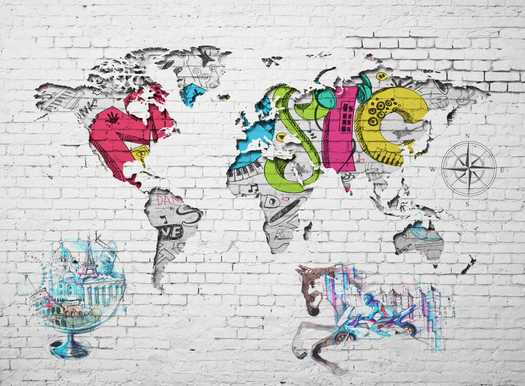 Mapa sveta v graffiti — celý dizajn