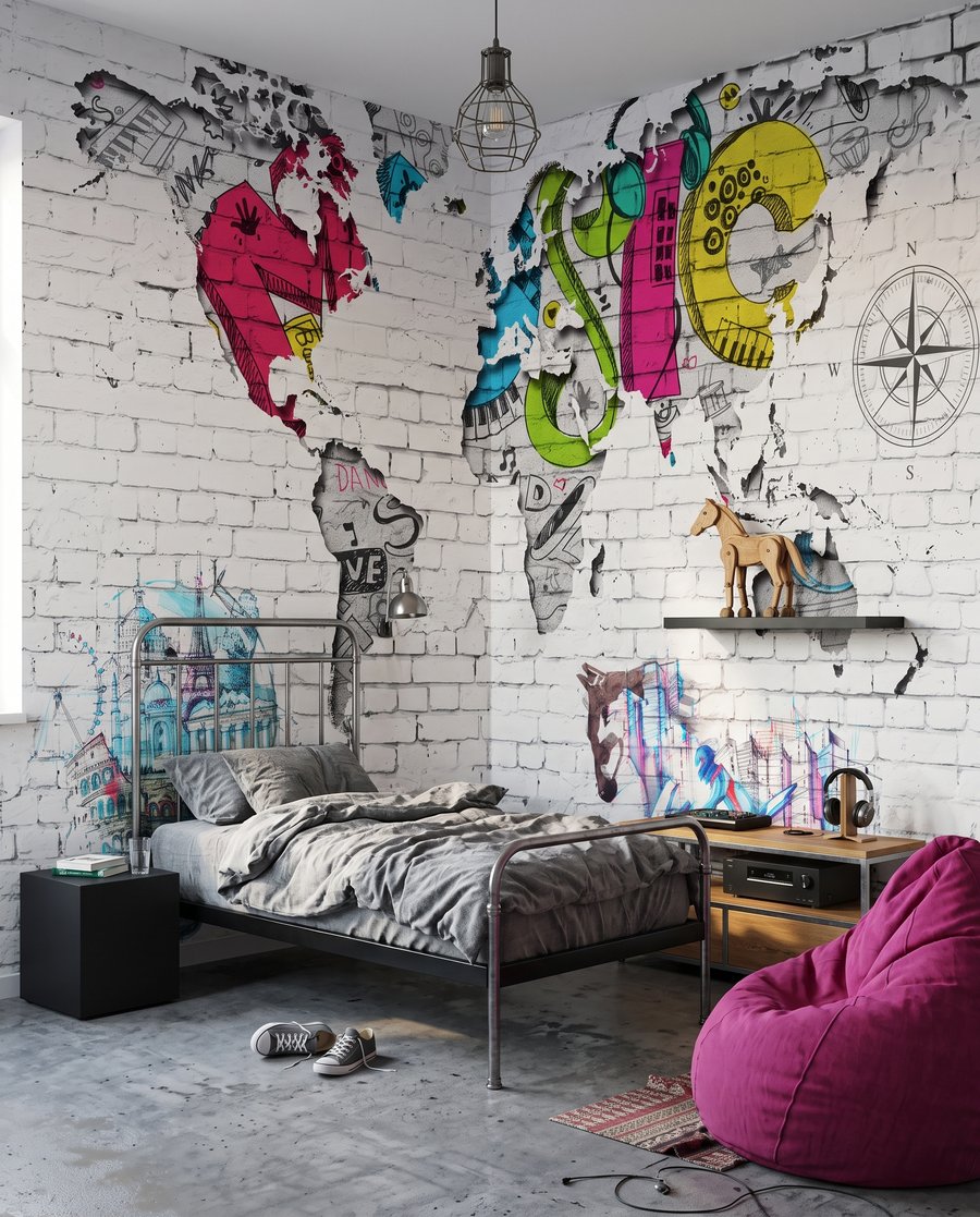 Mapa sveta v graffiti v interiéri