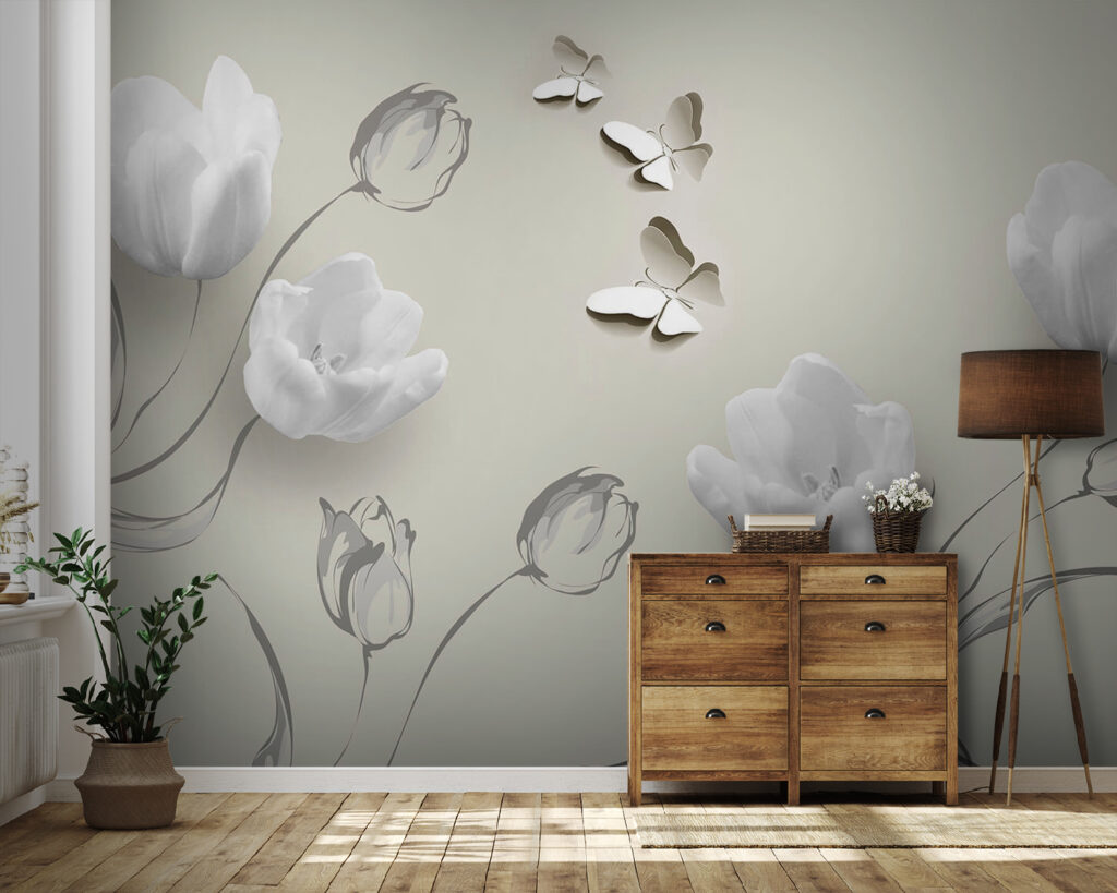 Biele tulipány s motýľmi — interiér 4