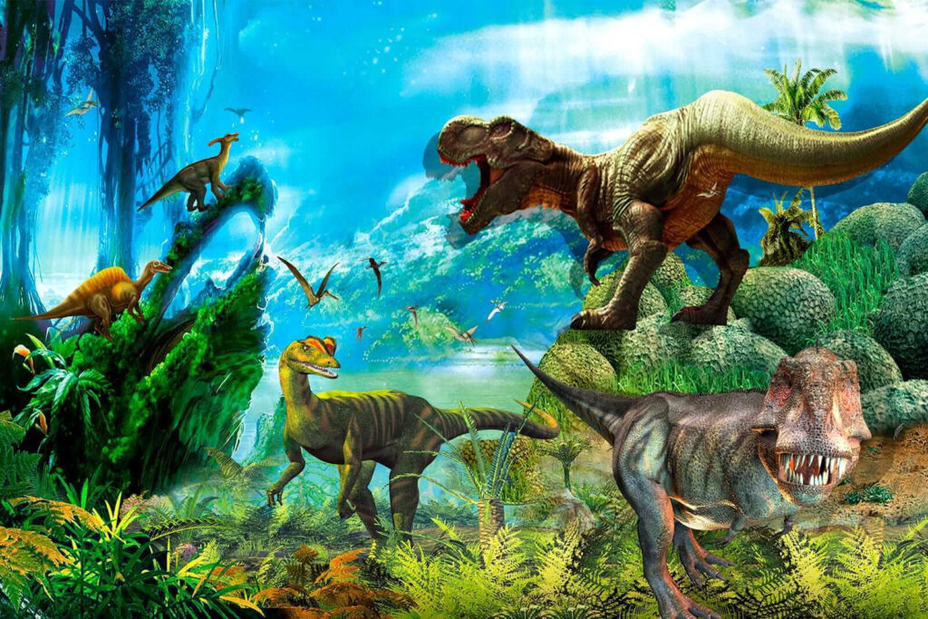 Dinosaury v modrej džungli — celý dizajn