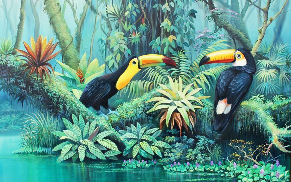 Tukany pri tropickej vode — celý dizajn
