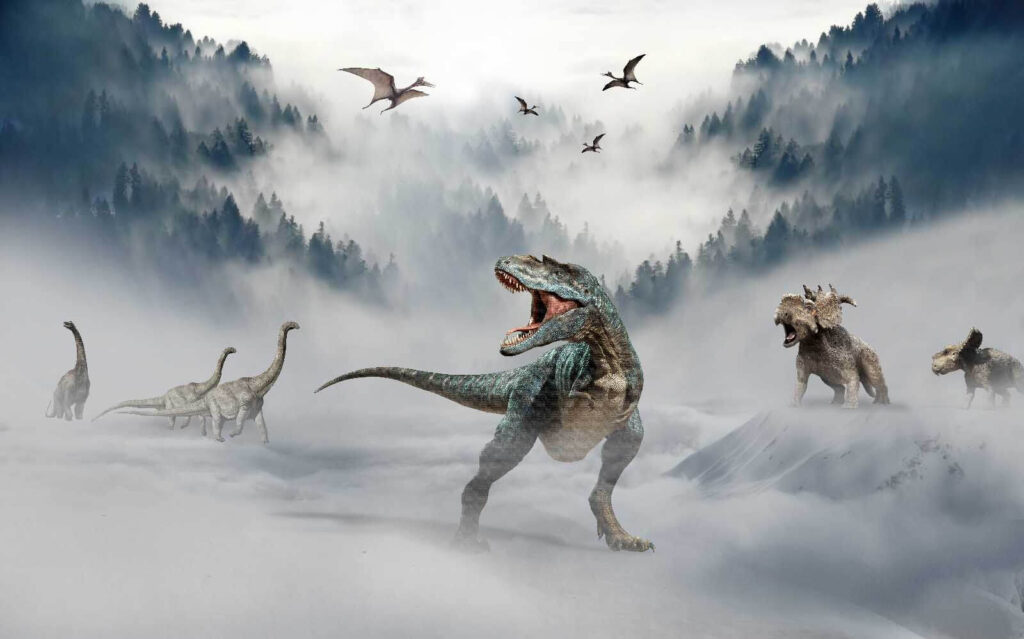 Dinosaury v horskej hmle — celý dizajn