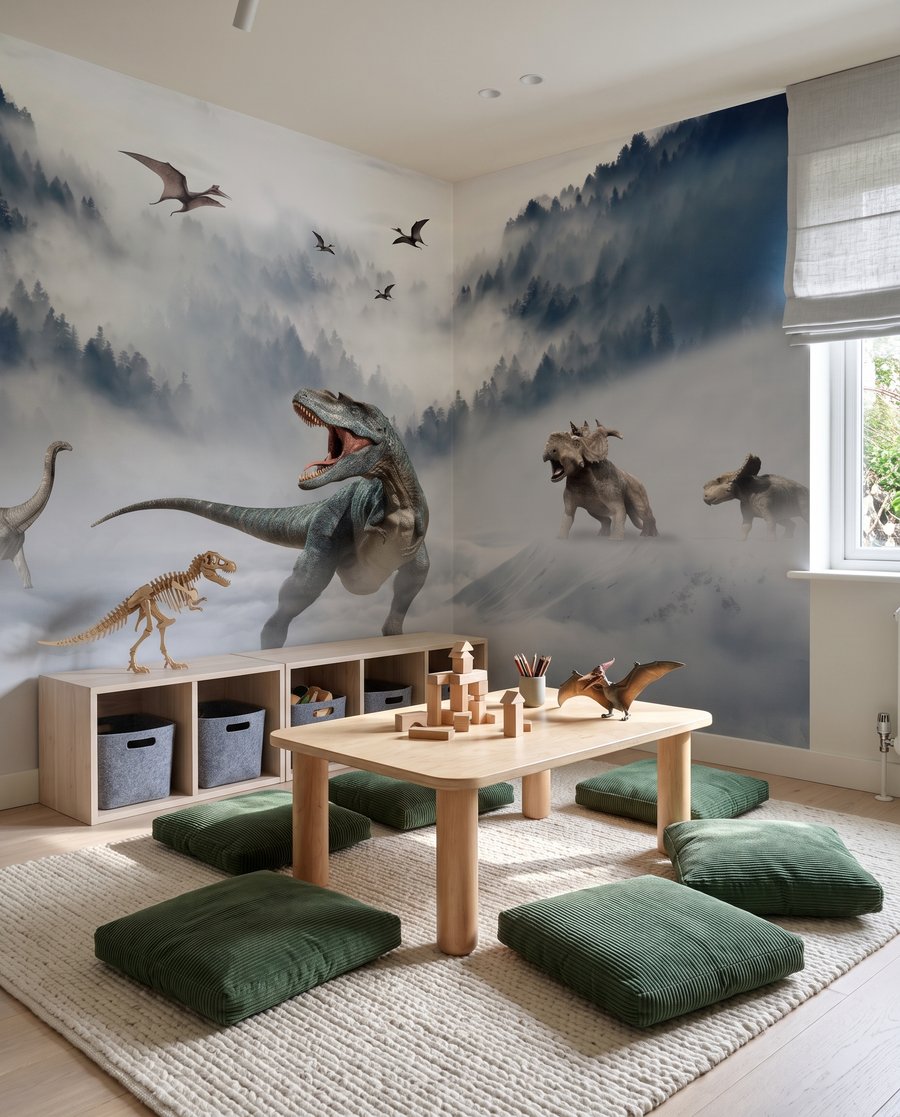 Dinosaury v horskej hmle v interiéri