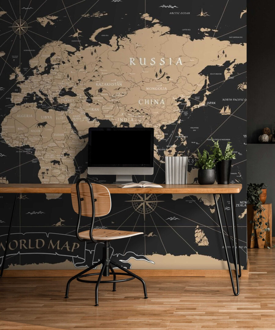 Béžová mapa sveta — interiér 1