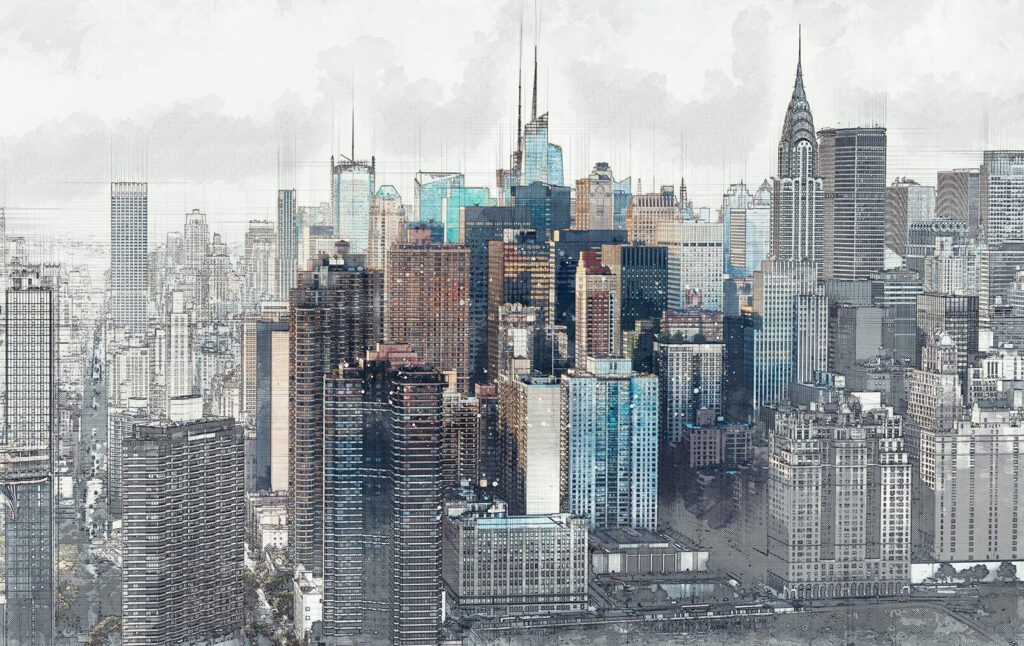Manhattan za sivými závojmi — celý dizajn