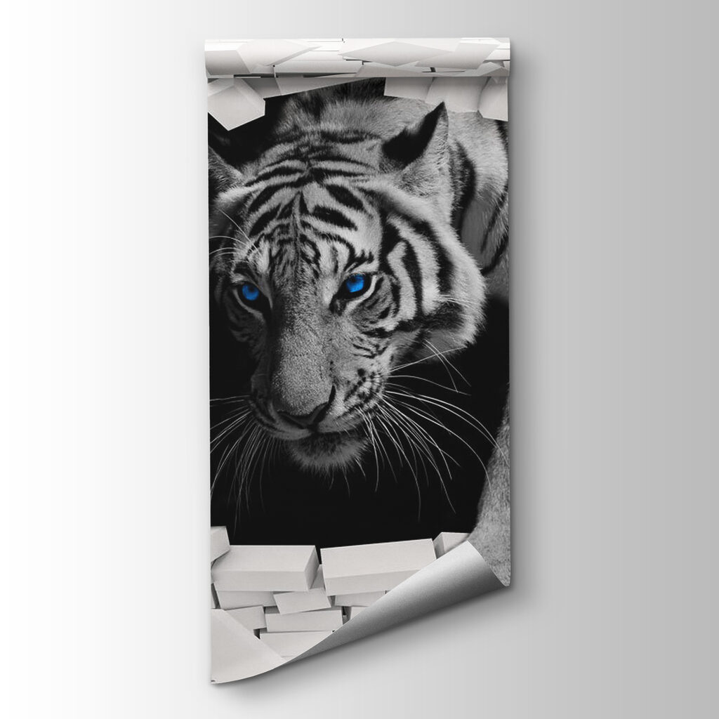 Biely tiger cez tehly — pohľad na tovar