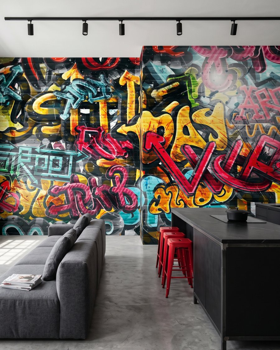 Stena plná graffiti v interiéri