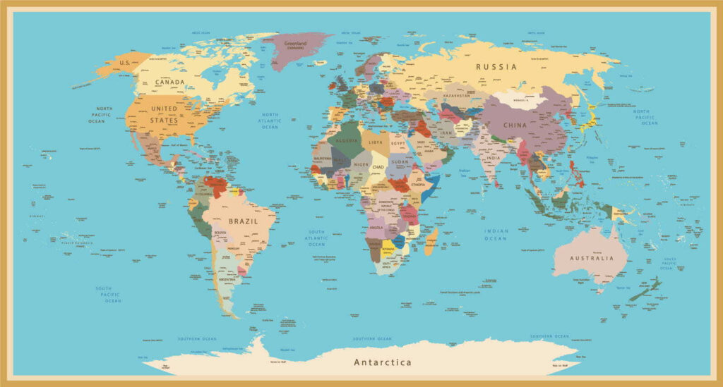 Mapa sveta, zlatý rám — celý dizajn
