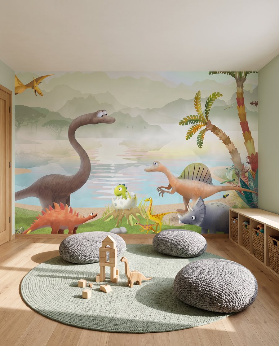 Dinosaury pri tropickom jazere v interiéri
