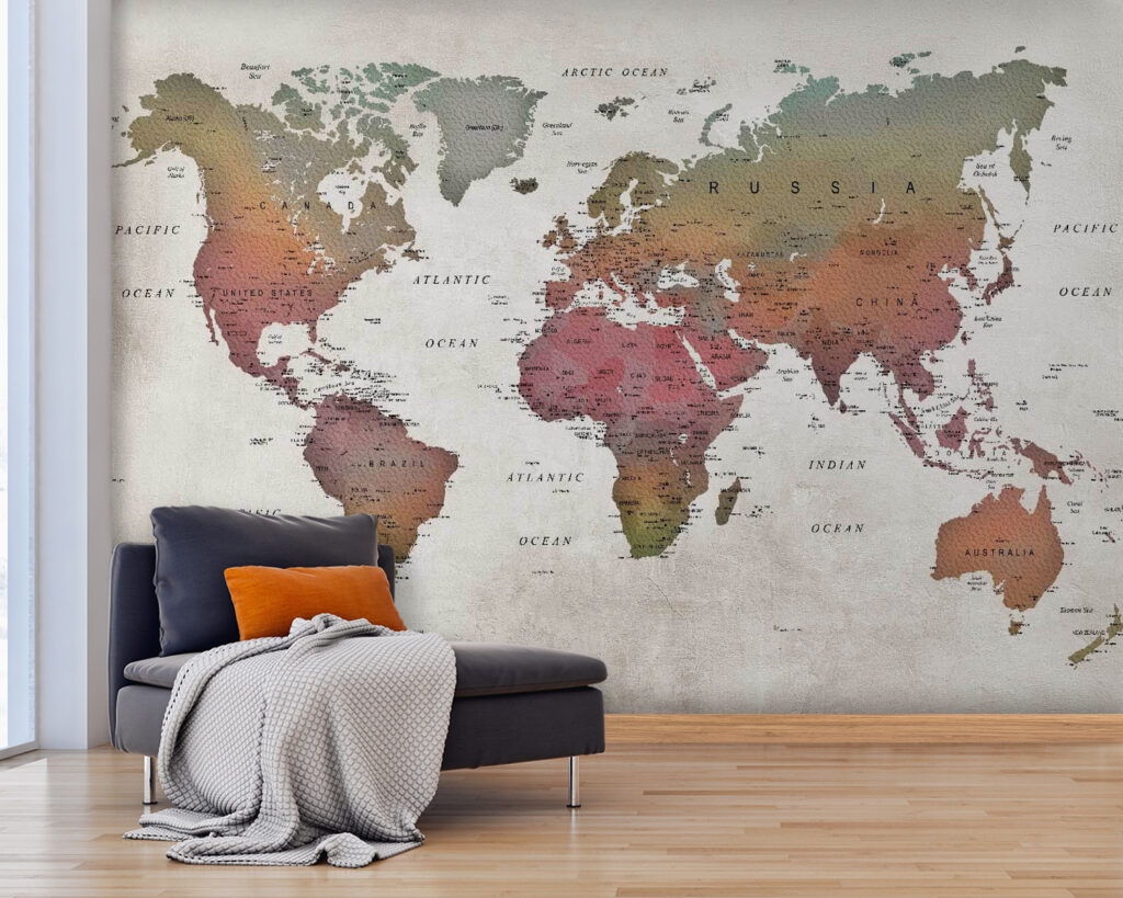Zemitá mapa sveta v interiéri