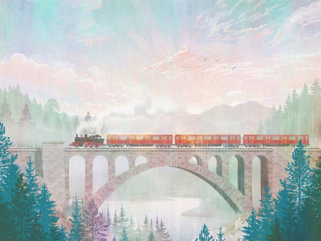 Vlak nad oblúkovým mostom — celý dizajn