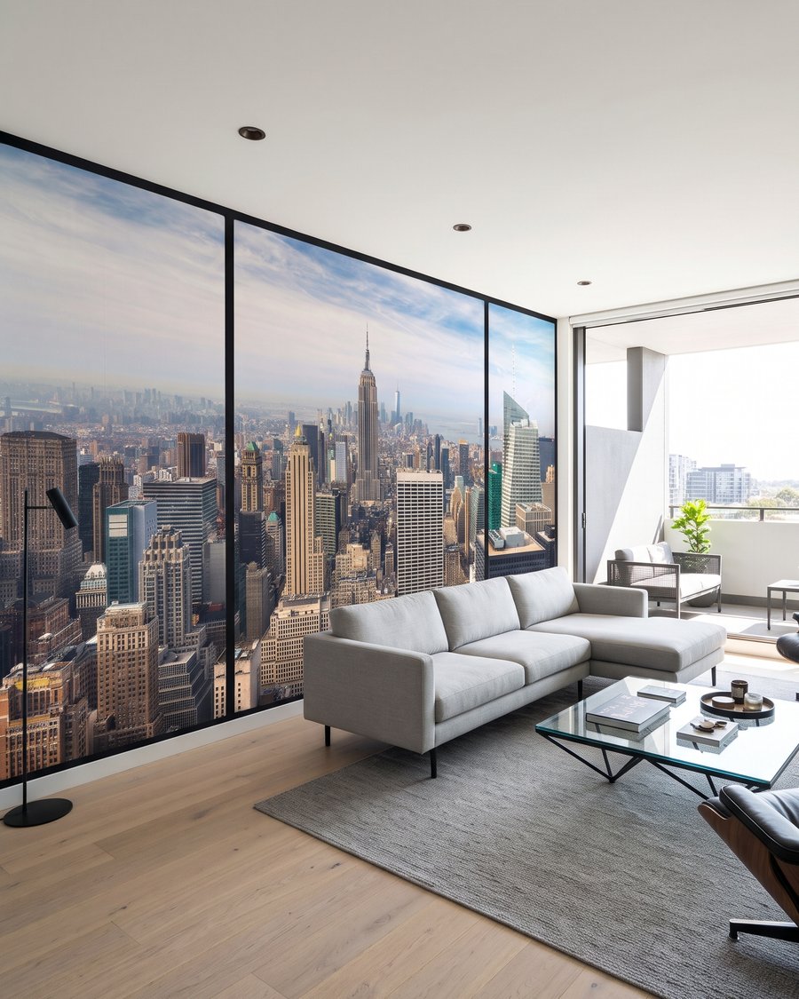 Manhattan za čiernym rámom v interiéri
