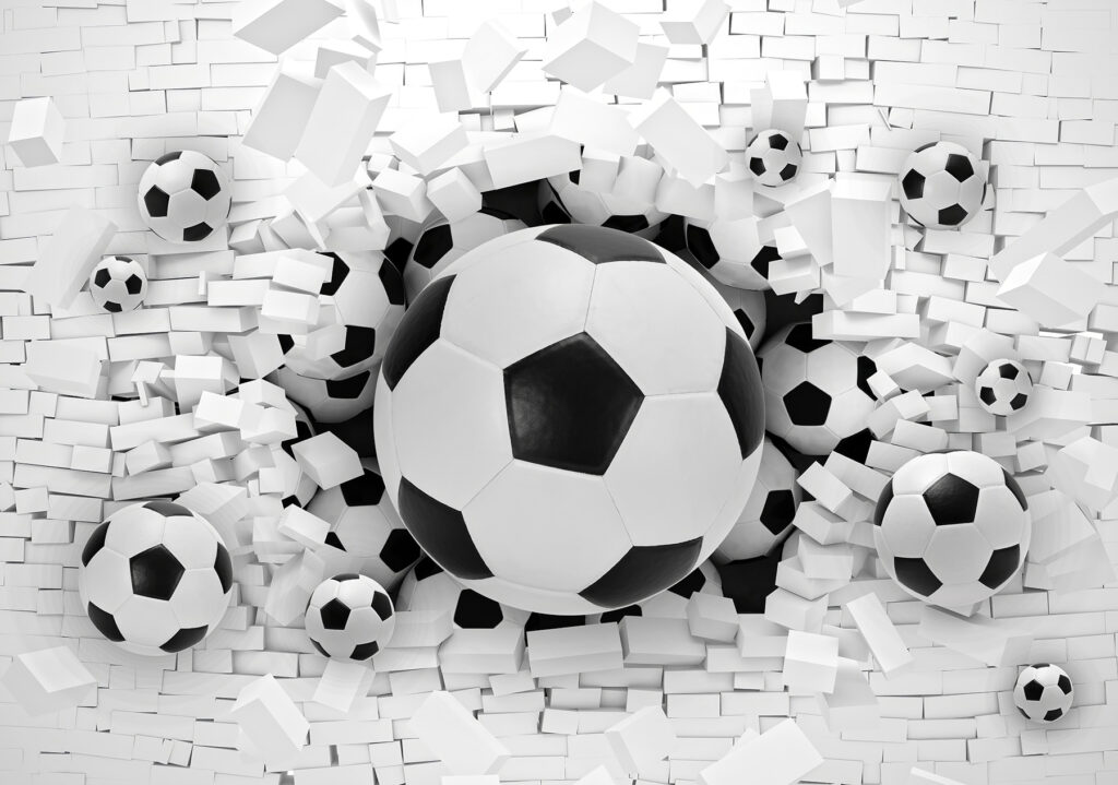 Futbalové lopty prerážajú múr — celý dizajn