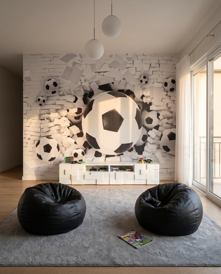 Futbalové lopty prerážajú múr v interiéri