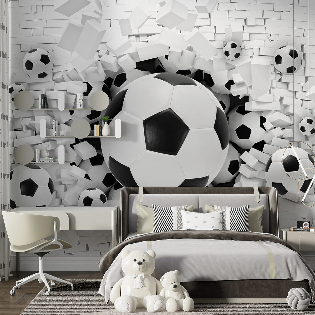 Futbalové lopty prerážajú múr — interiér 9