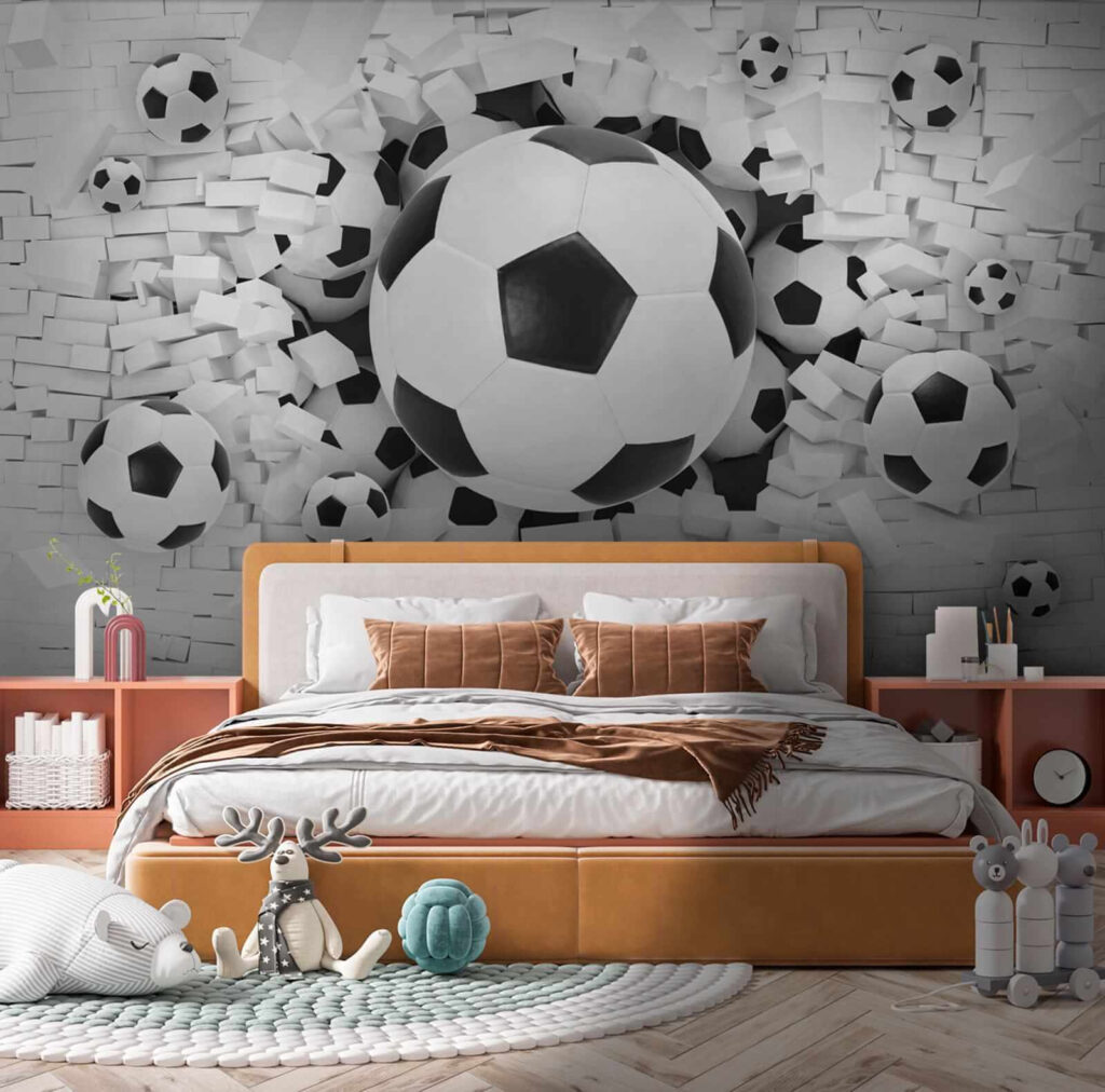 Futbalové lopty prerážajú múr — interiér 5