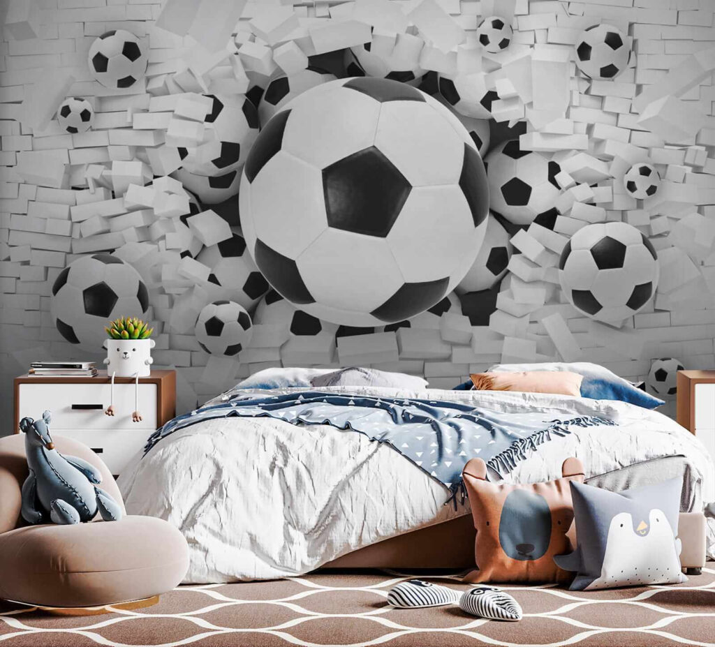 Futbalové lopty prerážajú múr — interiér 6