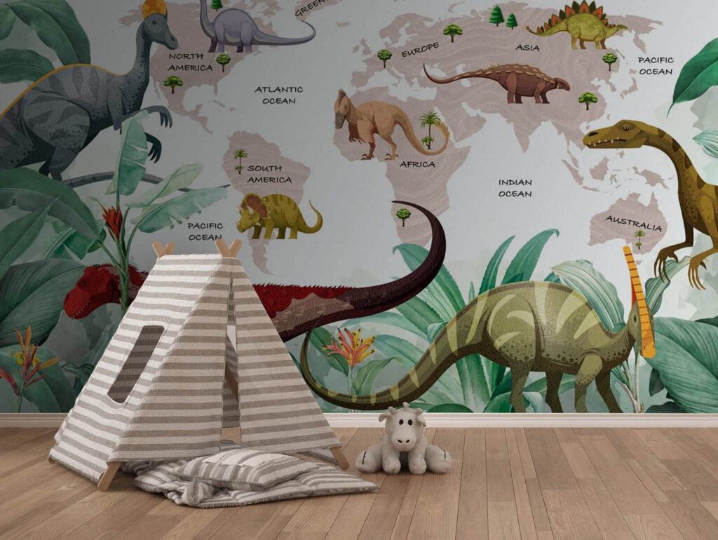 Dinosaury pred mapou v interiéri