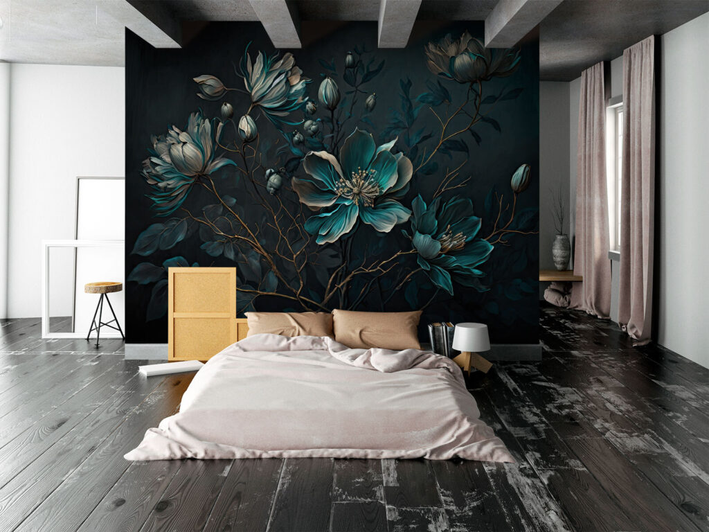 Tyrkysové kvety na stonkách v interiéri