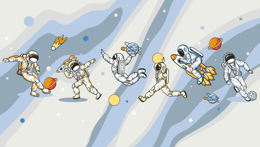 Astronauti medzi farebnými pásmi — celý dizajn